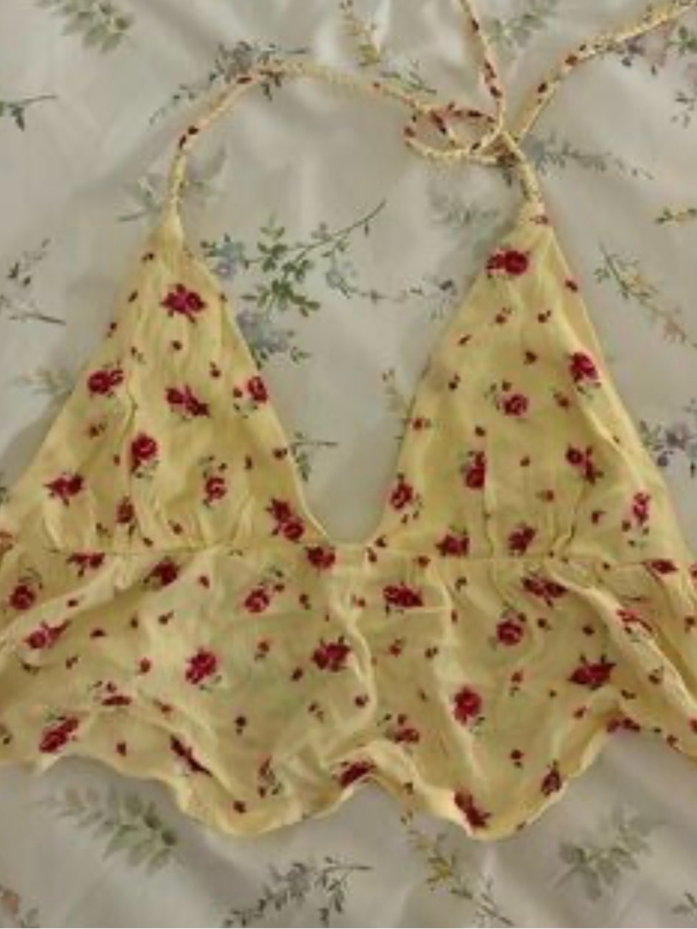 Garage Yellow Floral Tie-Back Crop Top with Pink Flowers